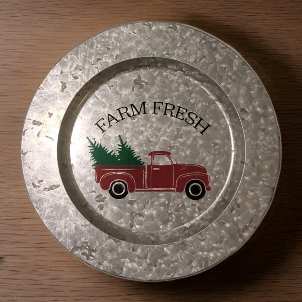 Galvanized Christmas Charger Platter - Red Truck & Christmas Tree 13"
